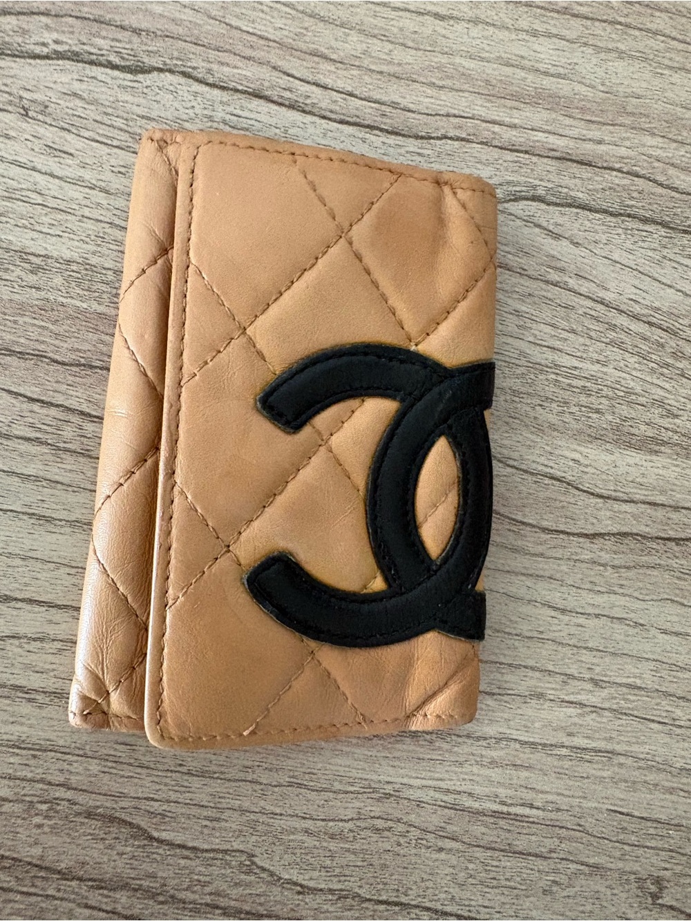 CHANEL Quilted Tan Leather key holder card Case with Black CC Emblem